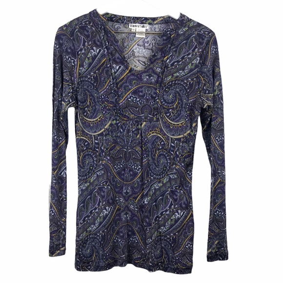 WinterSilks Purple Blue V-neck Long Sleeve Silk Blend Top Women Sz M - Picture 1 of 5